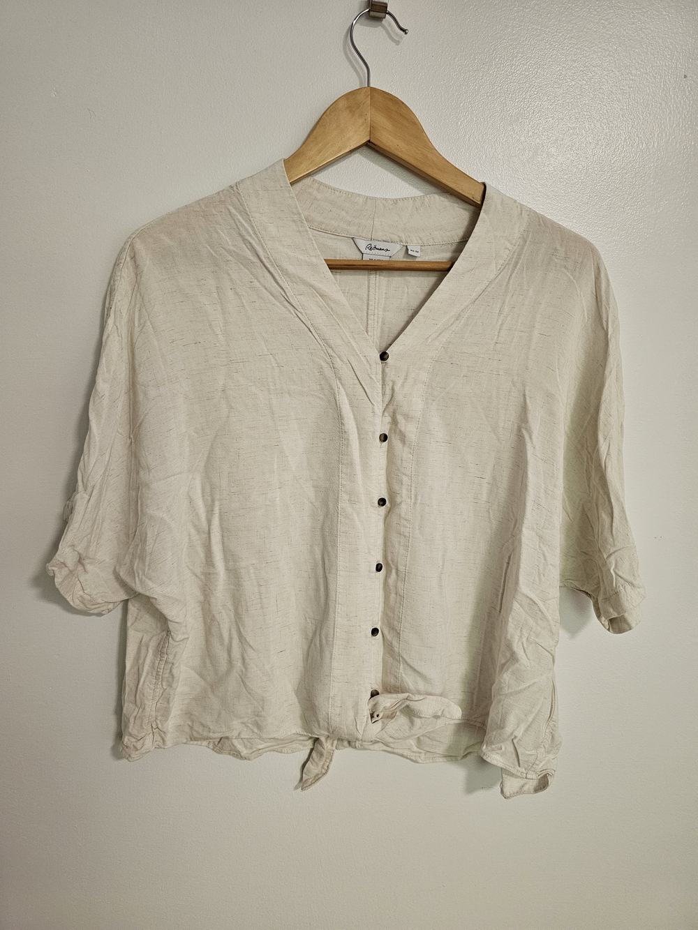 Reitmans Short-Sleeve Tie Waist V-Neck Blouse Cream XS Ecru Linen Blend